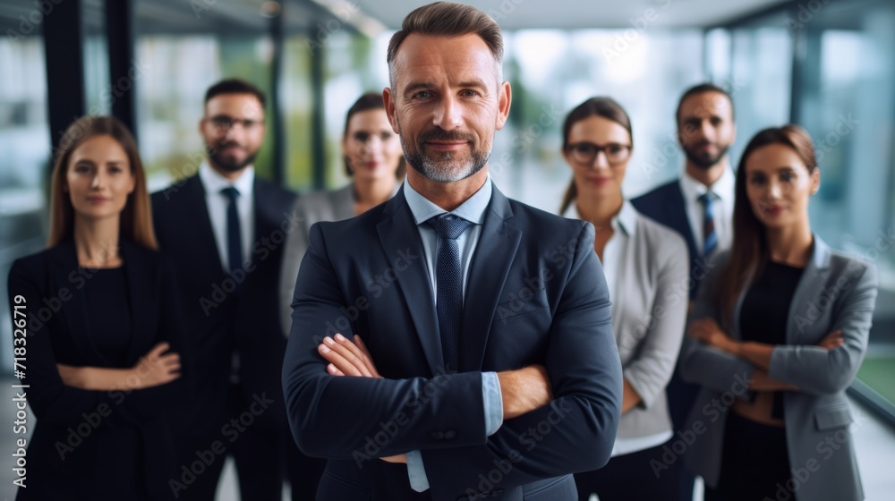 Successful Business Team Standing Together in Office Generative AI Successful Business Team Standing Together in Office Generative AI