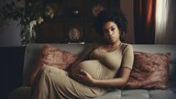 Pregnant Woman Suffering from Headache on Sofa Generative AI