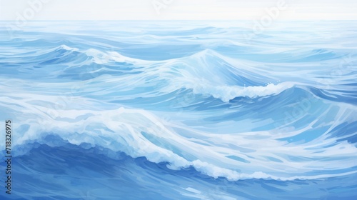  a painting of a blue ocean with a wave in the foreground and a light blue sky in the background.