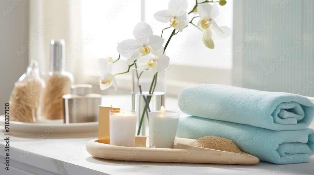  towels, candles, and a vase of flowers sit on a counter in front of a window in a bathroom.