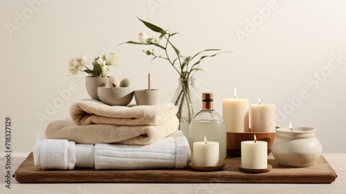  a table topped with towels and candles next to a vase filled with flowers and a vase filled with white flowers.