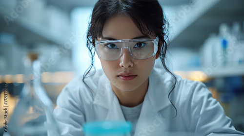 Scientist in lab coat and safety glasses examining a chemical sample.