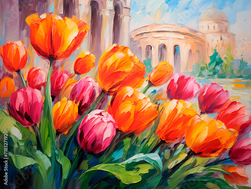 Tulips on the background of St. Peter's Basilica in Vatican