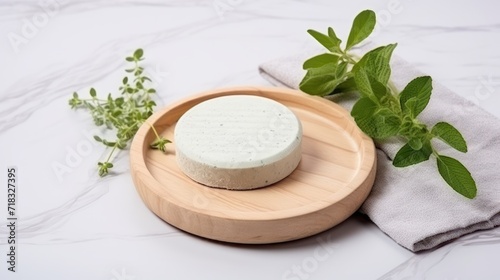  a piece of cheese sitting on top of a wooden plate next to a sprig of green leafy leaves.