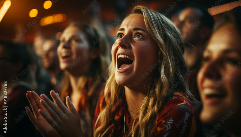 Smiling women enjoy cheerful nightlife, friendship, and excitement generated by AI