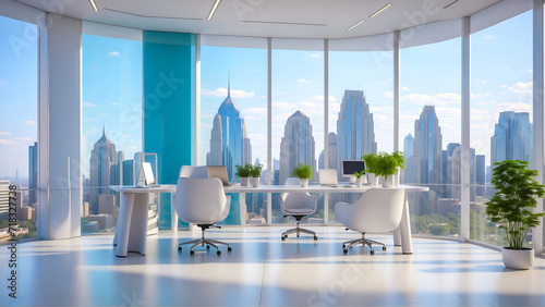 Modern Office interior with Buildings look background, Simple office at top of building And Sunny sky background and Buildings, modern, interior, background, office, building, looking, business