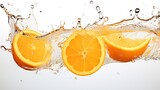  three oranges cut in half with water splashing on the top and bottom of the oranges on the bottom of the water.