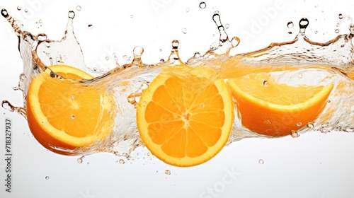  three oranges cut in half with water splashing on the top and bottom of the oranges on the bottom of the water.