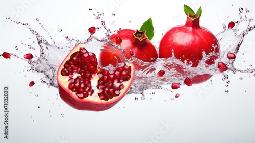  a group of pomegranates with water splashing around them on a white background with a splash of water.