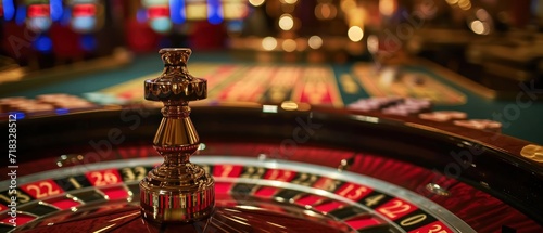 Casino roulette table in casino. Casino Roulette Wheel in Motion. Casino concept with copy space. . Gambling concept. Casino roulette wheel with motion blur background.