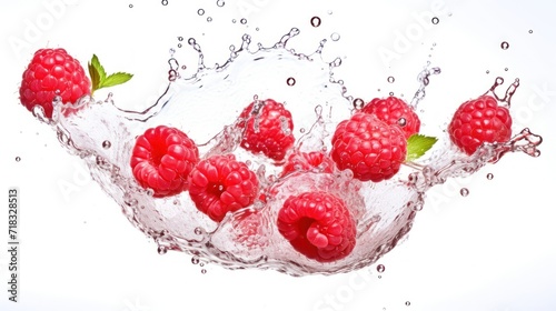  a group of raspberries splashing into a glass of water with a green leaf on top of it.
