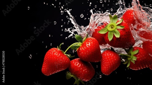  a group of strawberries splashing into a glass of water on a black background with a splash of water on the top of the strawberries.