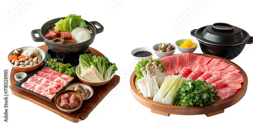 Japanese shabu sukiyaki set collection in 3d png transparent for product presentation. Created using generative AI.
