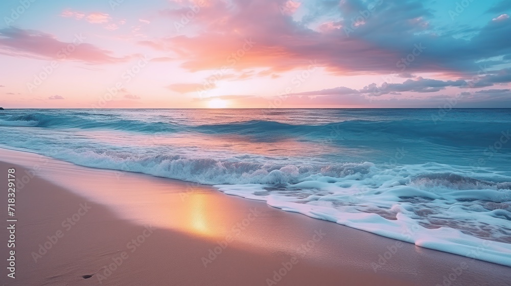  the sun is setting over the ocean and the waves are crashing on the beach and the sky is pink and blue.