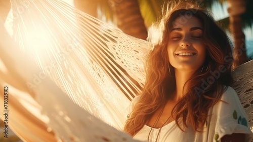  a woman sitting in a hammock with her eyes closed and a smile on her face, with palm trees in the background.