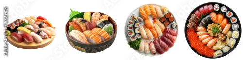 Obraz  z motywem Popular Japanese menu salmon tuna sushi collection in 3d png transparent with no background. Created using generative AI.