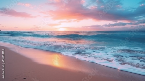  the sun is setting over the ocean and the waves are crashing on the beach and the sky is pink and blue. © Anna