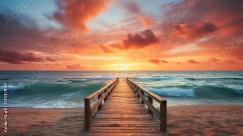  a wooden pier extending into the ocean with a sunset in the backgrounnd and clouds in the sky.