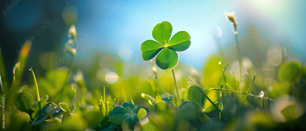 Single good luck four-leaf clover with copy space for text. Vertical Background banner for best wishes and unique, rare, or special individual concept. Single good luck four-leaf clover with copy space for text. Vertical Background banner for best wishes and unique, rare, or special individual concept.