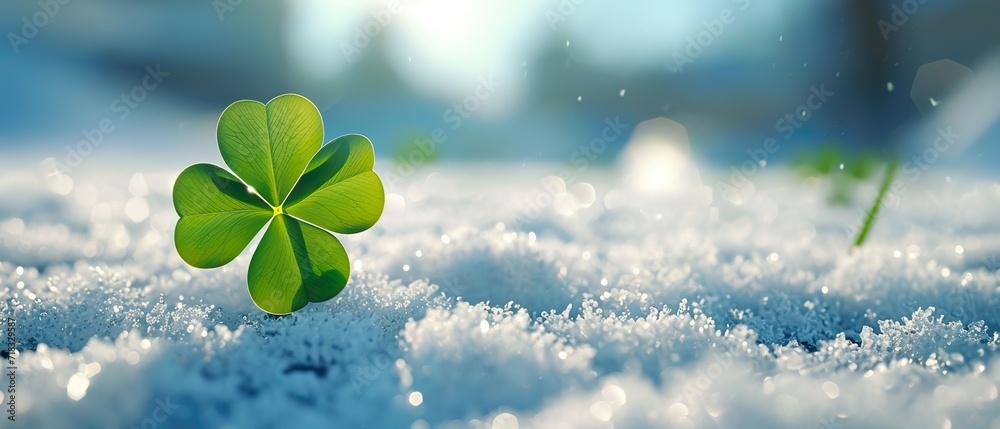 Single good luck four-leaf clover in meadow with snow an with copy space for text. Vertical Background banner for best wishes and unique, rare, strong and special individual concept. - obrazy, fototapety, plakaty 