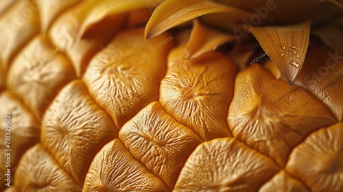 The concept of vegan eco-leather made from Pineapple. Grainy texture fabric with a crown of pineapple leaves at the top, symbolizing the material's renewable, fruit-based source. photo
