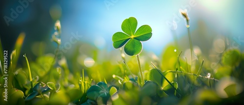 Single good luck four-leaf clover with copy space for text. Vertical Background banner for best wishes and unique, rare, or special individual concept. photo