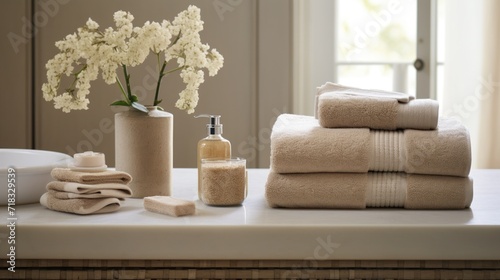  a bunch of towels sitting on top of a counter next to a vase of flowers and a bottle of lotion.