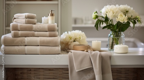  a stack of towels sitting on top of a counter next to a vase with flowers and candles on top of it.