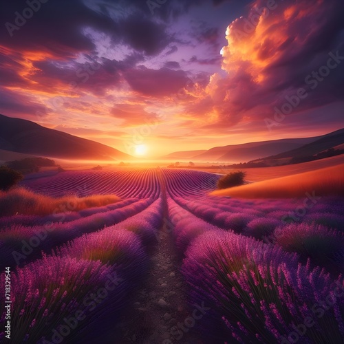 Majestic Sunset Over Vibrant Lavender Fields With Mountain Backdrop in Summer