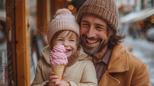 Daughter and dad laughing laud, eating an ice cream, strawberry, big and creamy, spring time, wearing  hats, front view, exterior, nice weather photo