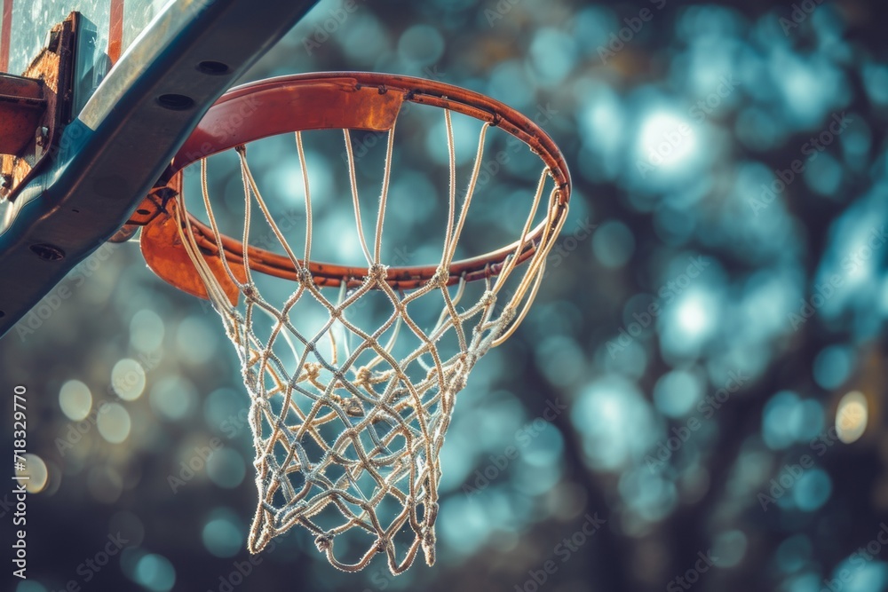 Close Up of an Outdoor Basketball Hoop Against a Blurred Bokeh Background