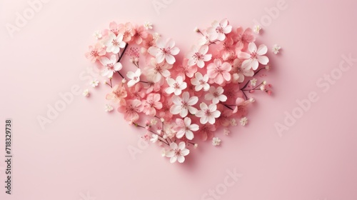  a heart - shaped arrangement of pink and white flowers on a light pink background with copy - space in the center.