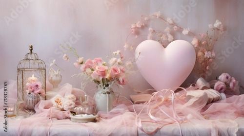  a table topped with a vase filled with flowers and a heart shaped balloon next to a birdcage filled with flowers.