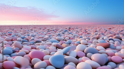  a bunch of rocks sitting in the middle of a field with a pink and blue sky in the back ground.