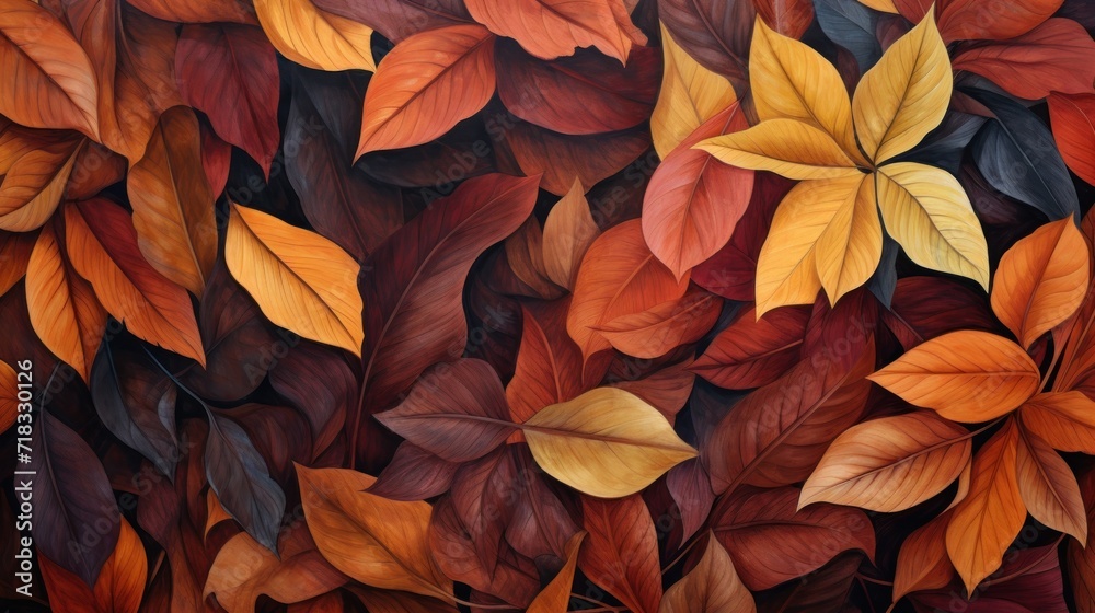  a close up of a bunch of leaves on a wall with red, yellow, and green leaves on it.