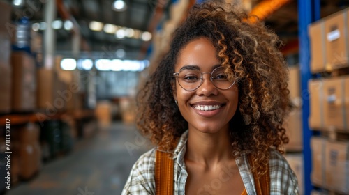 a smiling women in an industrial warehouse