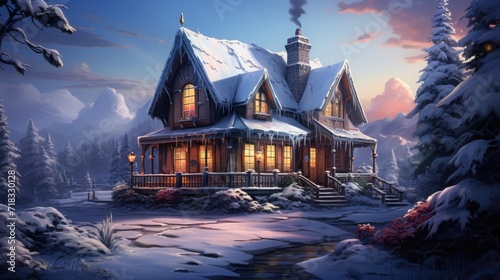 A charming cottage covered in snow, surrounded by a winter wonderland. Perfect for holiday and seasonal designs