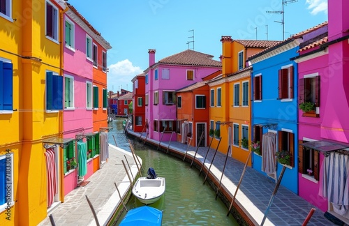 colorful canal with houses with boats docked in the water © olegganko