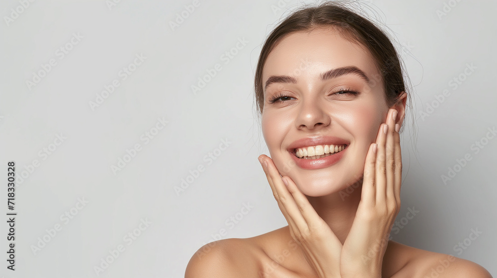Beautiful Woman with Perfect Skin Touching Her Skin After A Treatment. Dermatology, Spa, Skin Care Concept Beautiful Woman with Perfect Skin Touching Her Skin After A Treatment. Dermatology, Spa, Skin Care Concept
