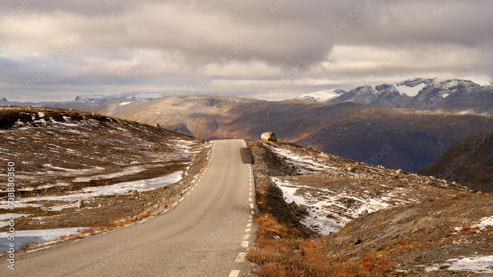 Narrow road through the Aurland highland in Norway during late autumn