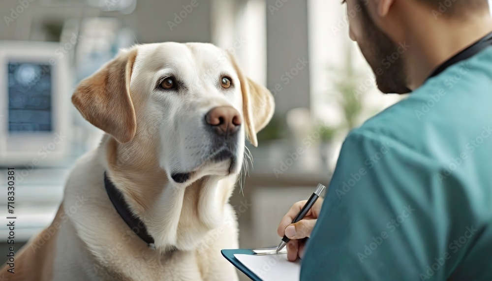 Focused canine gazing at its doctor within the confines of a vet's office. Attentive Labrador retriever looking up at a veterinarian in a clinical setting.