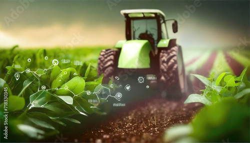 Smart Farming Concept with Autonomous Tractor. Futuristic autonomous tractor tilling the soil in a field with digital interface overlay indicating various farm management data points