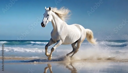 Majestic White Horse Galloping by the Sea. A powerful white horse gallops along the shoreline with splashing waves, embodying freedom and strength