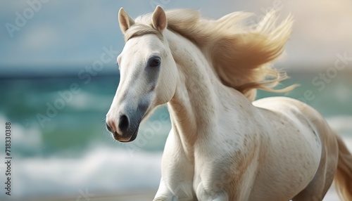 A noble steed dashes across the sandy beach  with waves crashing in the background. Graceful white horse galloping.