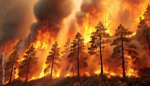 Intense Wildfire Engulfing a Pine Forest at Daytime. Flames fiercely consume pine trees, sending plumes of smoke into the sky, reflecting the severity of forest fires