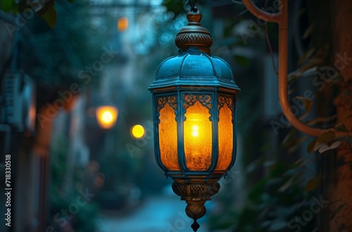 a shabby elegant lantern lit in a city in a bright light