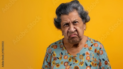 Angry belligerent hispanic senior woman looking at the camera