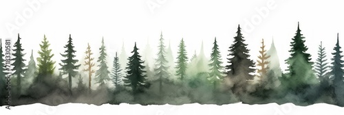 Watercolor Redwood Tree Line on White Background Generative AI