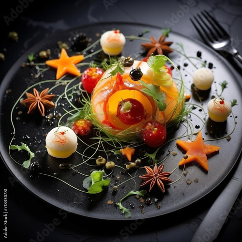 amazing decorated dish in asterism style, Cooking concept, haute cuisine