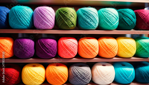 Colorful balls of yarn. They are arranged in a chaotic manner on a wooden surface  reminiscent of a needlework or knitting environment. AI Generation.